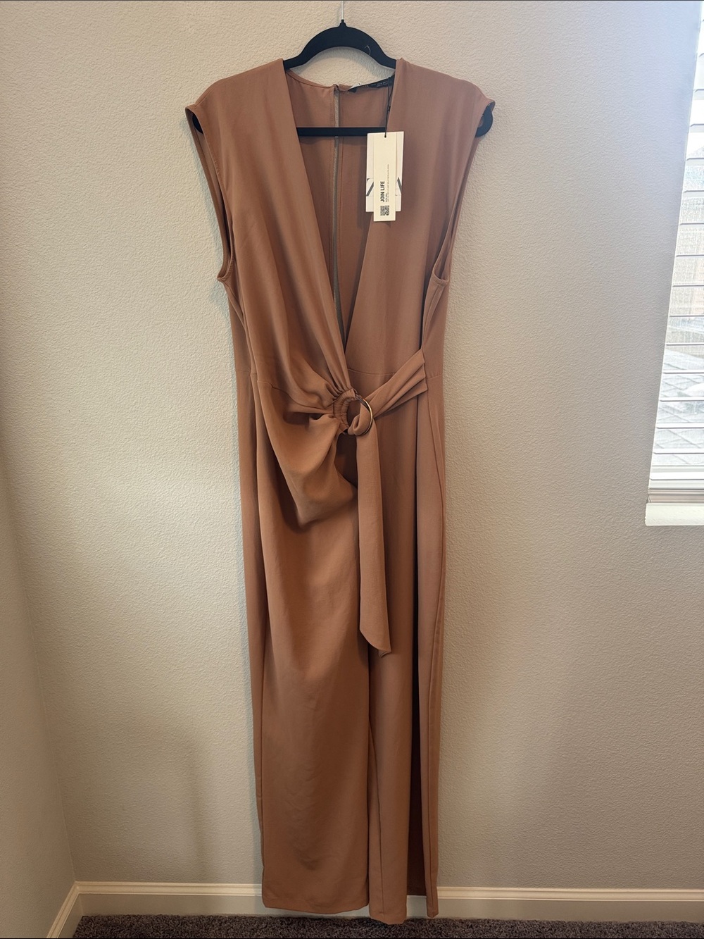 Zara Sleeveless Deep V Tie-Waist Maxi Jumpsuit in Camel Brown